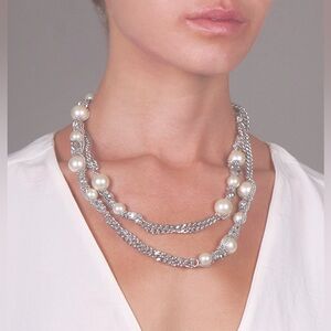 Givenchy Couture Silver Rhodium Plated w‎ Faux Pearls & Rhinestones Necklace